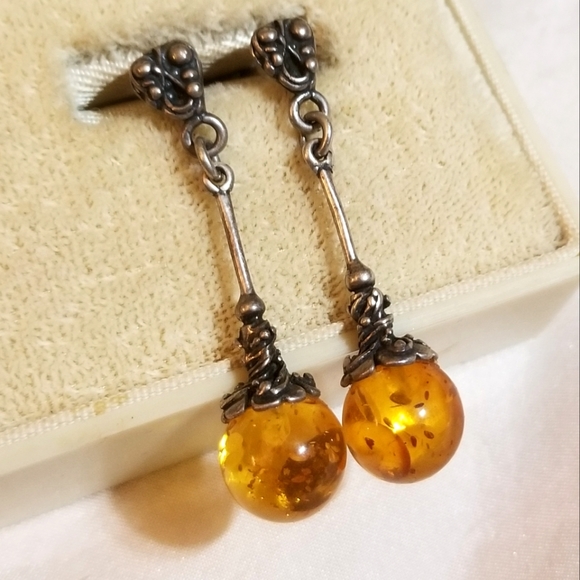 Sterling Amber Earrings Circa 1910-Etruscan - Picture 4 of 6